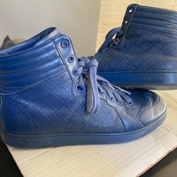 GUCCI BLUE LEATHER HI-CUT RUBBER SHOES SNEAKERS 6 - Picture 4 of 12